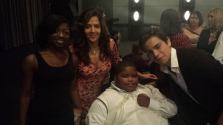 Maria Canals Barrerra, Theresa Ruzzo, mom from Wizards of Waverly Place poses with Xzavier Davis-Bilbo and Ned Beatty